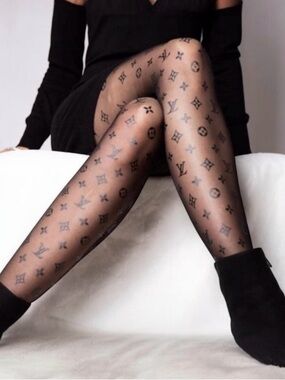 LV Logo Elegant Black Patterned Tights